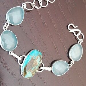 Faux Turquoise Chalcedony Silver Tone Women's Bracelet